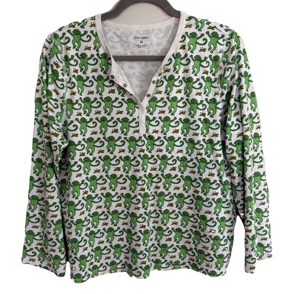 Roller Rabbit Green Monkey Print Henley Pima Cotton Pajama Top Medium - Picture 1 of 4